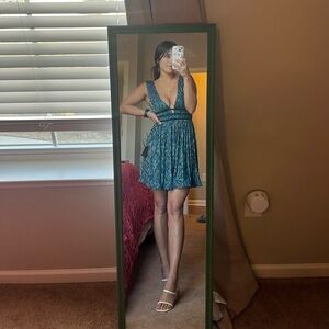 Lulus blue metallic deep v dress NWT